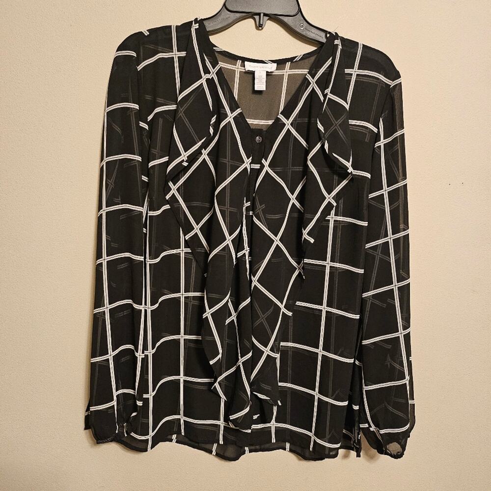 Charter Club Black and White Long Sleeve Sheer Button Up Blouse Large